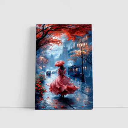 Woman Red Dress Rainy City Street Art