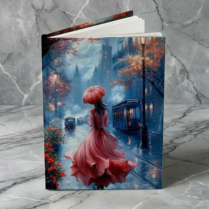Woman Red Dress Rainy City Street Art