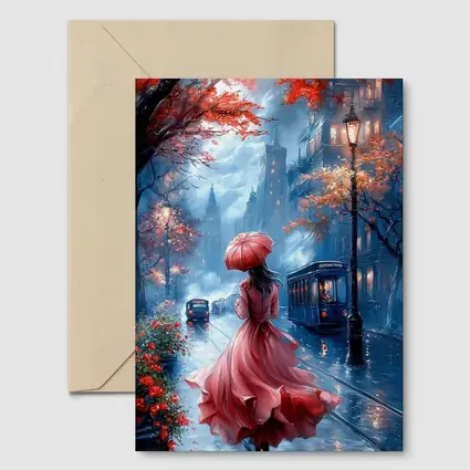 Woman Red Dress Rainy City Street Art