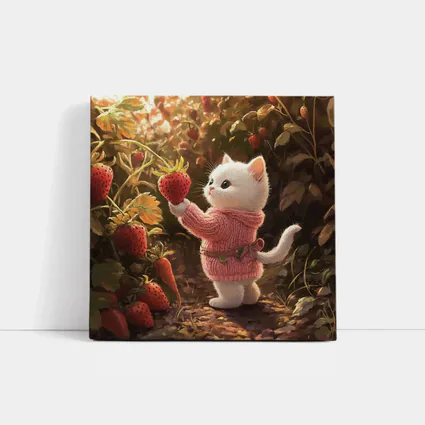 White Kitten Picking Strawberries Garden Art
