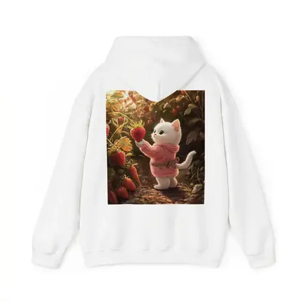 White Kitten Picking Strawberries Garden Art