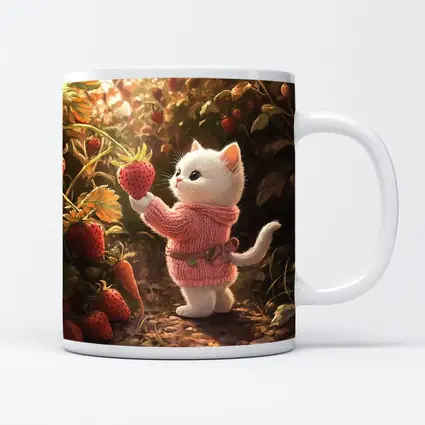 White Kitten Picking Strawberries Garden Art