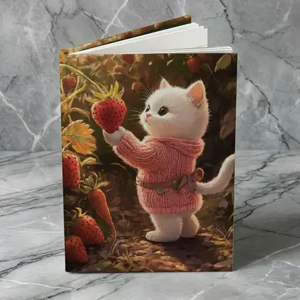 White Kitten Picking Strawberries Garden Art