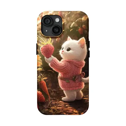 White Kitten Picking Strawberries Garden Art