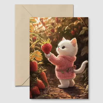 White Kitten Picking Strawberries Garden Art