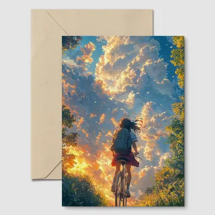 Anime Girl Cycling Through Glowing Summer Sky
