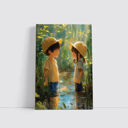 Two Kids Playing in Forest Stream