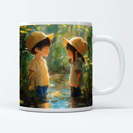 Two Kids Playing in Forest Stream