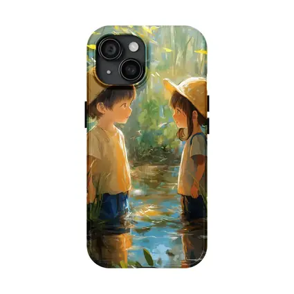 Two Kids Playing in Forest Stream
