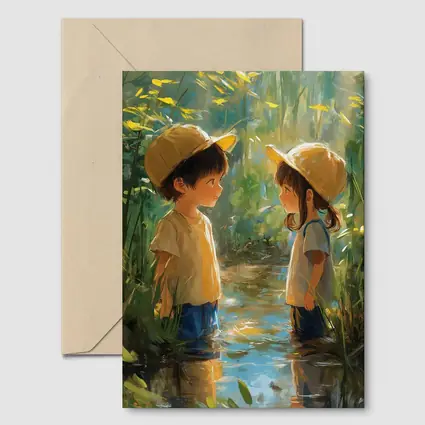 Two Kids Playing in Forest Stream