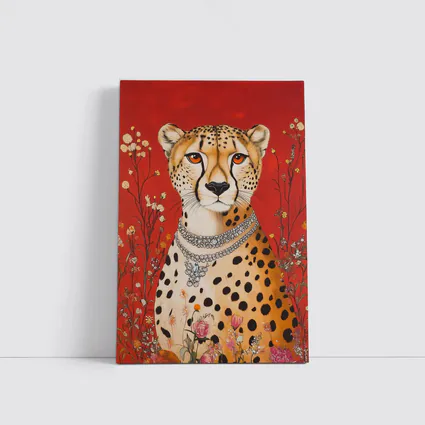Cheetah With Diamond Necklace Red Floral Background
