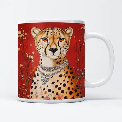 Cheetah With Diamond Necklace Red Floral Background