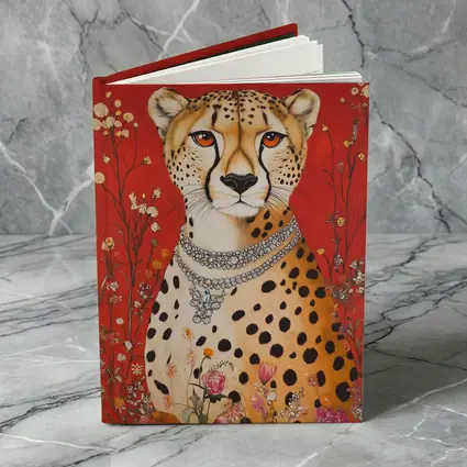 Cheetah With Diamond Necklace Red Floral Background