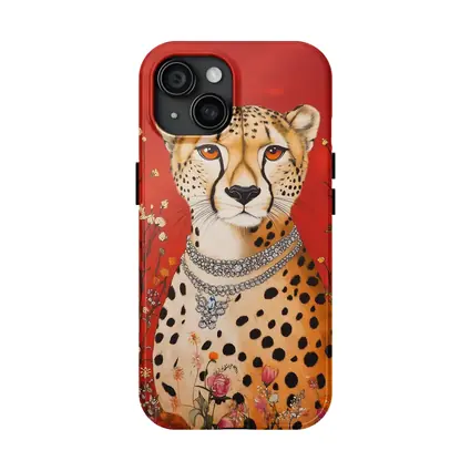 Cheetah With Diamond Necklace Red Floral Background