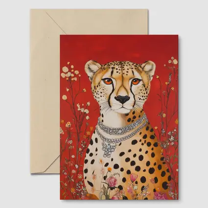 Cheetah With Diamond Necklace Red Floral Background