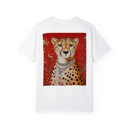 Cheetah With Diamond Necklace Red Floral Background