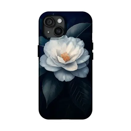 White Camellia Flower Dark Background Botanical Art