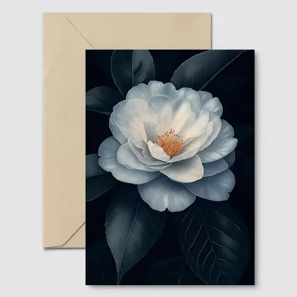 White Camellia Flower Dark Background Botanical Art