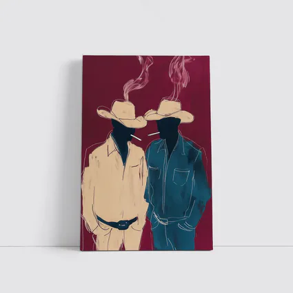 Two Cowboys Smoking Dark Red Background