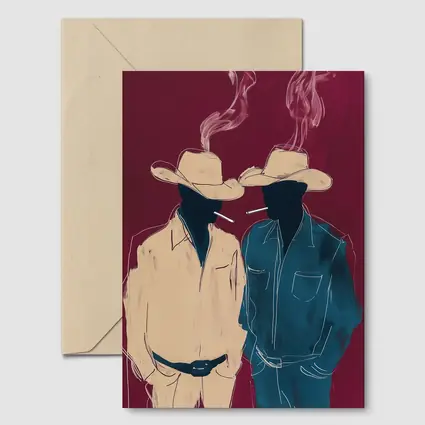 Two Cowboys Smoking Dark Red Background