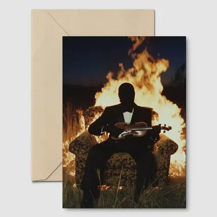 Silhouette Violinist Sitting Before Flames Night