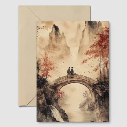 Chinese Ink Painting Two Figures Stone Bridge