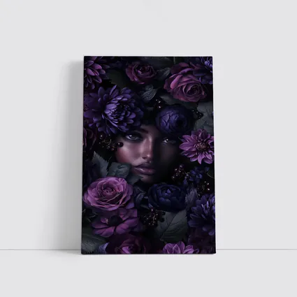 Woman Face Surrounded by Dark Purple Flowers