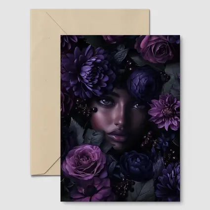 Woman Face Surrounded by Dark Purple Flowers