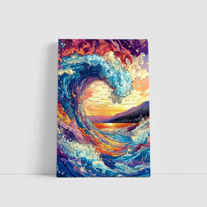 Colorful Ocean Wave Sunset Mountains Art
