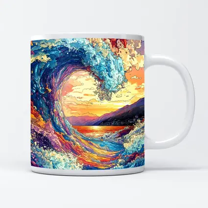 Colorful Ocean Wave Sunset Mountains Art