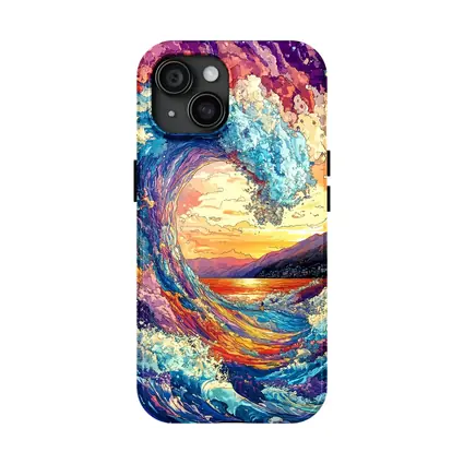 Colorful Ocean Wave Sunset Mountains Art