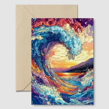 Colorful Ocean Wave Sunset Mountains Art