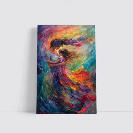 Mother and Daughter Embrace Colorful Oil Painting