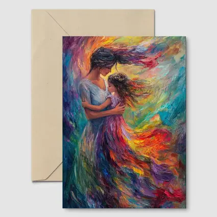 Mother and Daughter Embrace Colorful Oil Painting