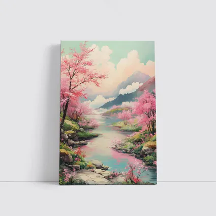 Cherry Blossoms River Mountain Landscape Painting
