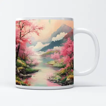 Cherry Blossoms River Mountain Landscape Painting