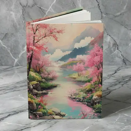Cherry Blossoms River Mountain Landscape Painting