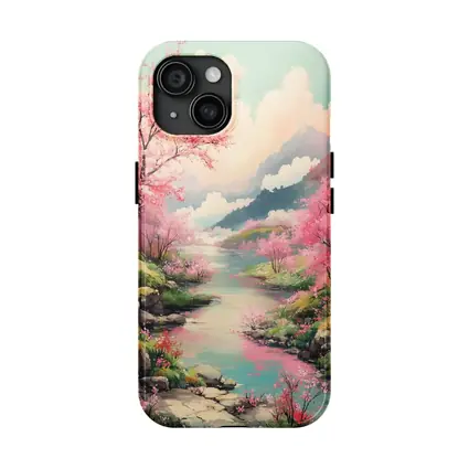 Cherry Blossoms River Mountain Landscape Painting