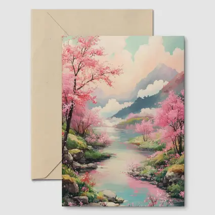 Cherry Blossoms River Mountain Landscape Painting