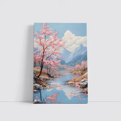 Cherry Blossoms River Mountain Landscape Painting