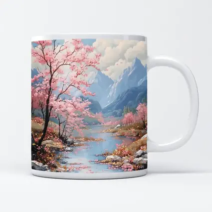 Cherry Blossoms River Mountain Landscape Painting