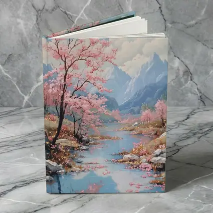 Cherry Blossoms River Mountain Landscape Painting
