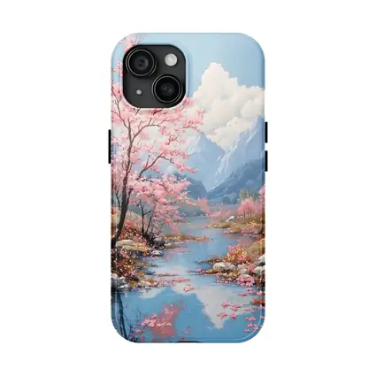 Cherry Blossoms River Mountain Landscape Painting