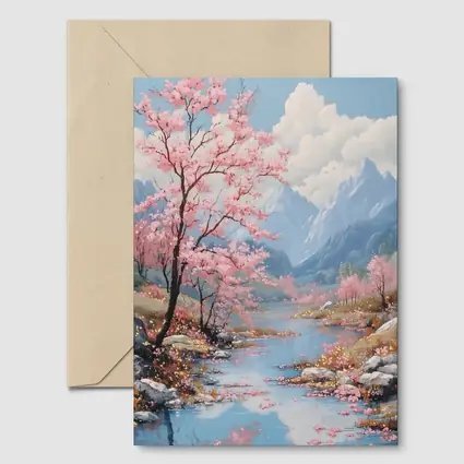 Cherry Blossoms River Mountain Landscape Painting