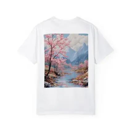 Cherry Blossoms River Mountain Landscape Painting
