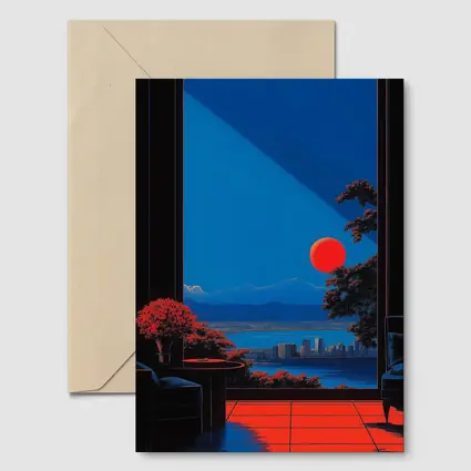 Red Moon City View Japanese Minimal Art
