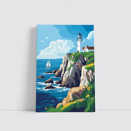 Lighthouse On Rocky Coastal Cliffs Sailboat