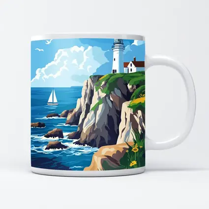 Lighthouse On Rocky Coastal Cliffs Sailboat