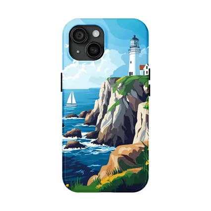 Lighthouse On Rocky Coastal Cliffs Sailboat