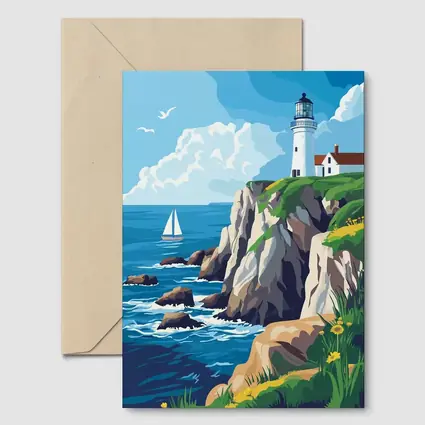 Lighthouse On Rocky Coastal Cliffs Sailboat